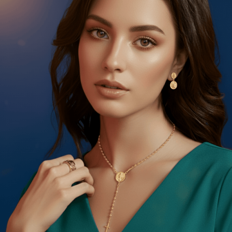 Gold - Plated Saint Benedict Medal Rosary Necklace 16 - inch - Guadalupe Gifts