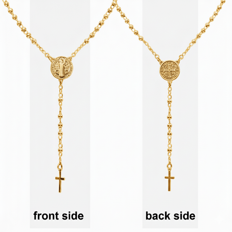 Gold - Plated Saint Benedict Medal Rosary Necklace 16 - inch - Guadalupe Gifts