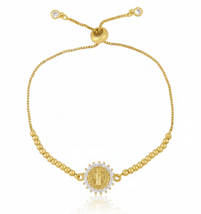 Gold - Plated St Benedict Adjustable Beaded Bracelet w/ White Zirconia 7.5 - inch - Guadalupe Gifts