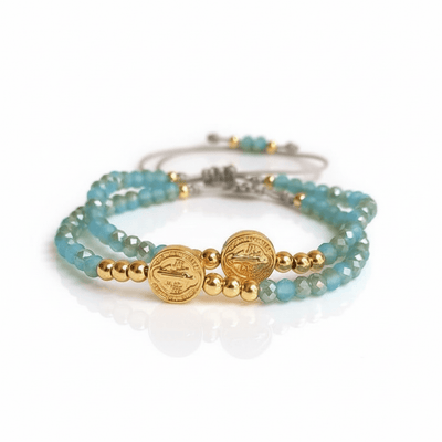 Gold - Plated St Benedict Aqua Crystal Bracelet 7.5 - inch - Guadalupe Gifts