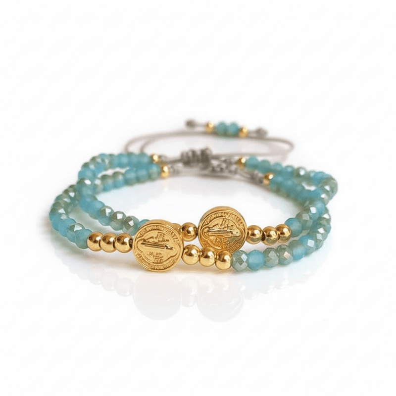 Gold - Plated St Benedict Aqua Crystal Bracelet 7.5 - inch - Guadalupe Gifts