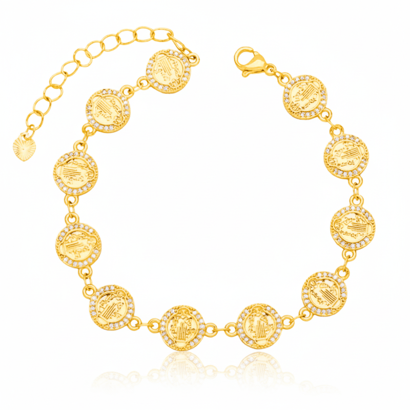 Gold - Plated St Benedict Coin Bracelet w/ Crystals 7.5 - inch - Guadalupe Gifts