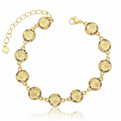 Gold - Plated St Benedict Coin Bracelet w/ Crystals 7.5 - inch - Guadalupe Gifts