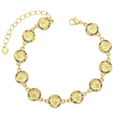 Gold - Plated St Benedict Coin Bracelet w/ Multicolor Crystals 7.5 - inch - Guadalupe Gifts