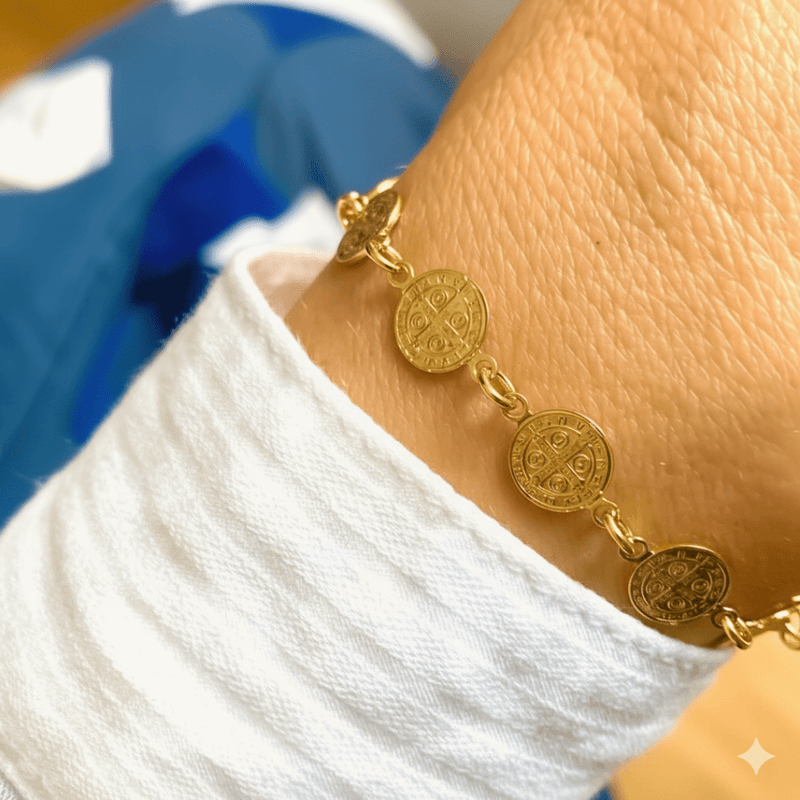 Gold - Plated St Benedict Coins Bracelet 7.5 - inch - Guadalupe Gifts