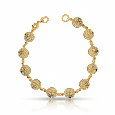 Gold - Plated St Benedict Coins Bracelet 7.5 - inch - Guadalupe Gifts