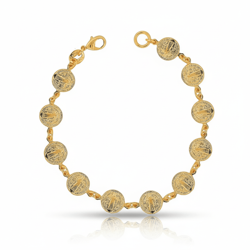 Gold - Plated St Benedict Coins Bracelet 7.5 - inch - Guadalupe Gifts