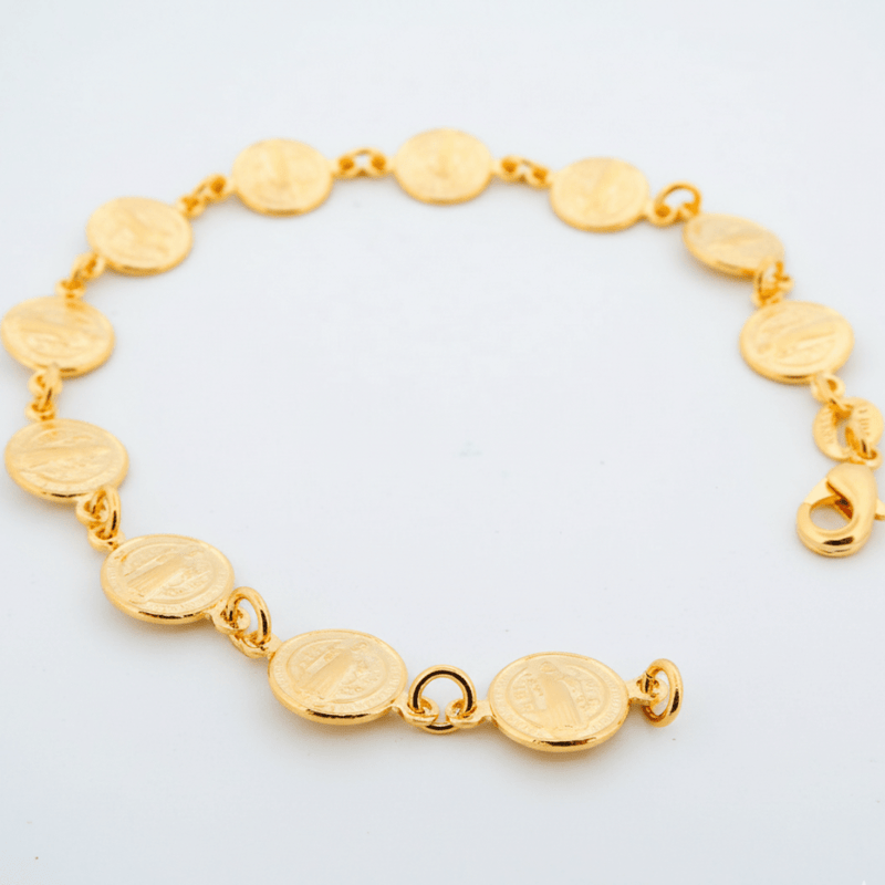 Gold - Plated St Benedict Coins Bracelet 7.5 - inch - Guadalupe Gifts