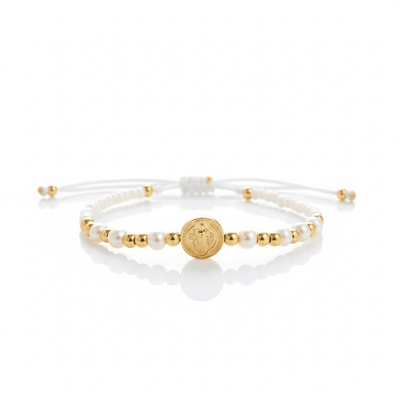 Gold - Plated St Benedict Fresh Water Pearls Bracelet 7.5” - Guadalupe Gifts