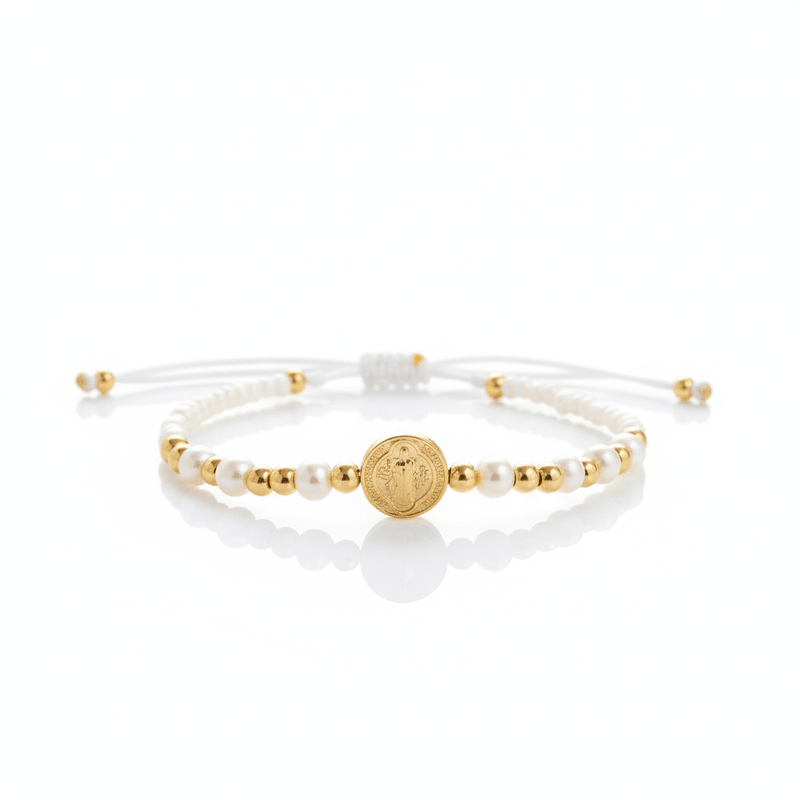 Gold - Plated St Benedict Fresh Water Pearls Bracelet 7.5” - Guadalupe Gifts