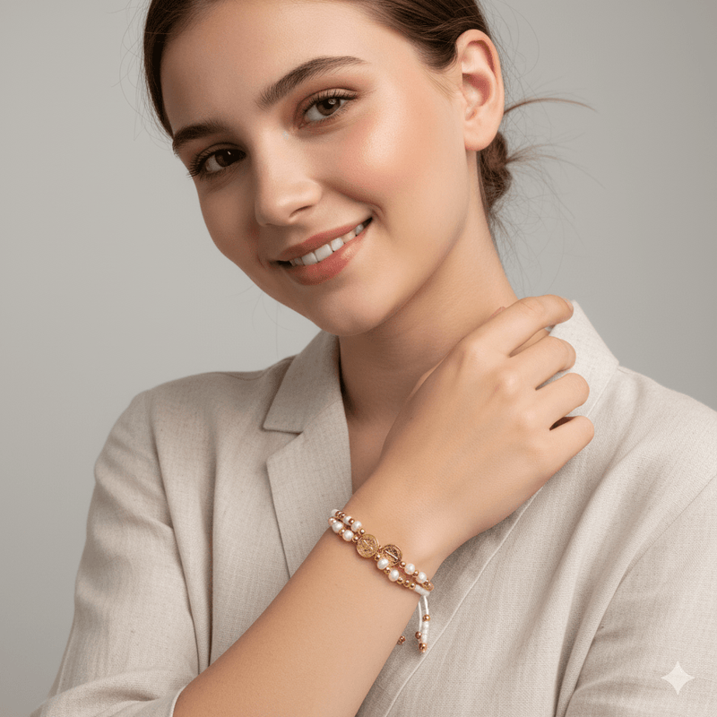 Gold - Plated St Benedict Fresh Water Pearls Bracelet 7.5” - Guadalupe Gifts