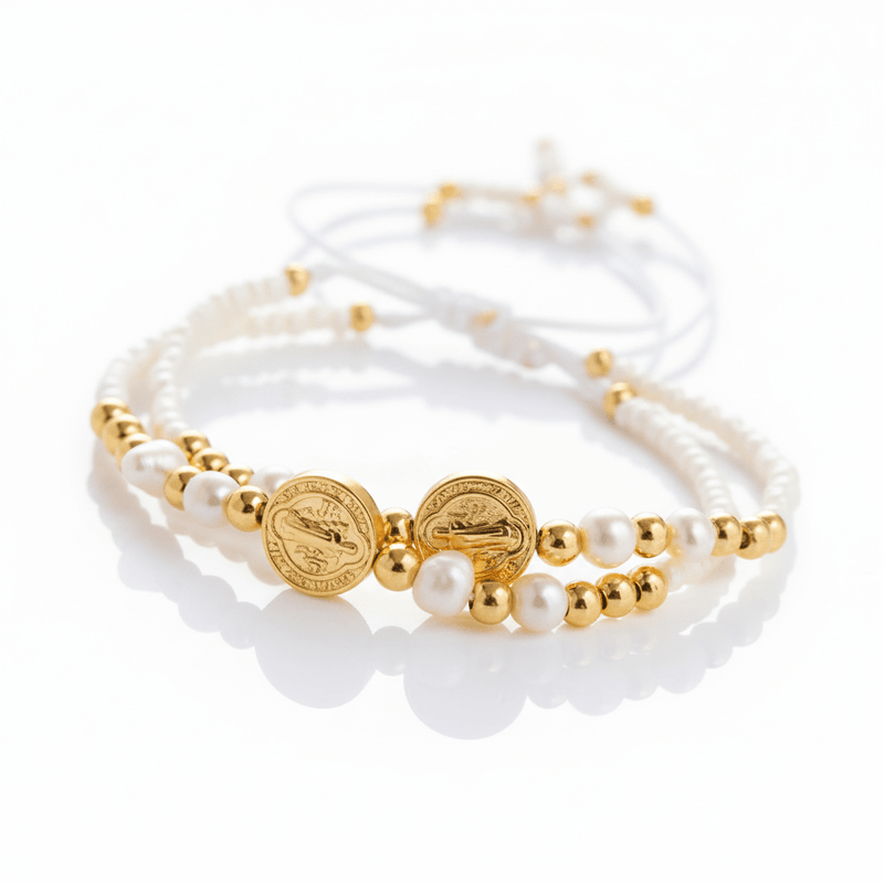 Gold - Plated St Benedict Fresh Water Pearls Bracelet 7.5” - Guadalupe Gifts