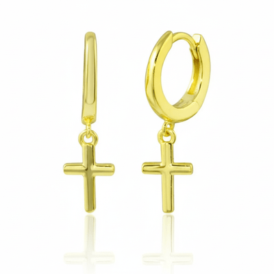 Gold - Plated Sterling Silver Cross Earrings - Huggie Hoop Dangle for Women - Guadalupe Gifts