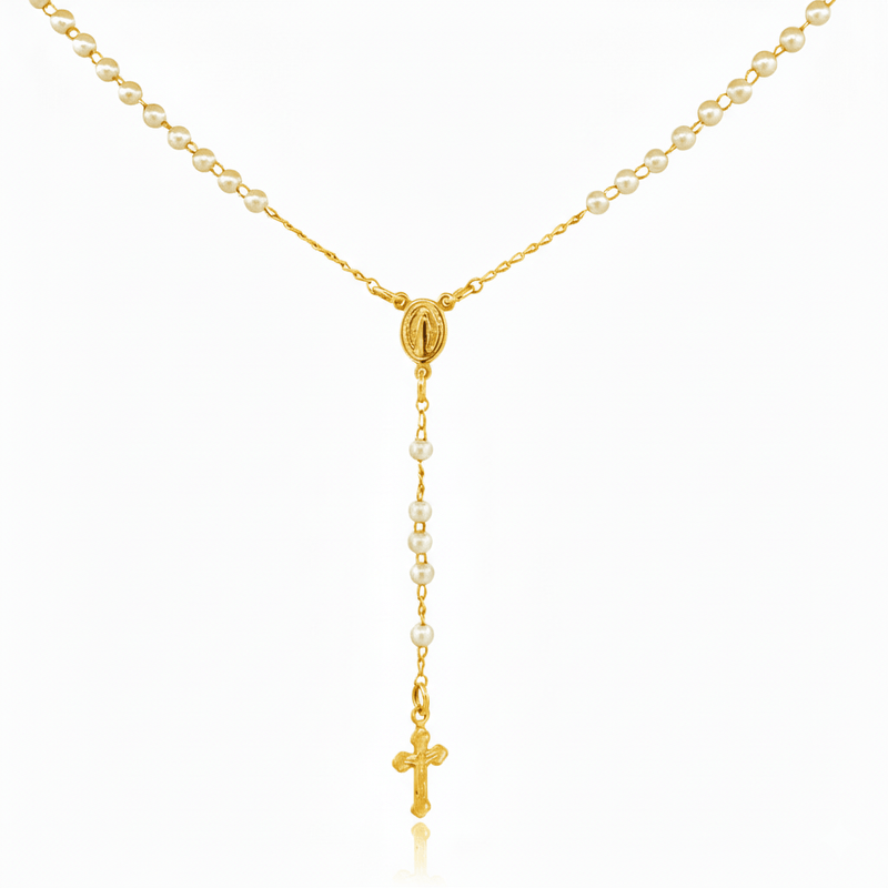 Gold - Plated Tiny Bead Pearl Our Lady of Grace Necklace 18 - inch - Guadalupe Gifts