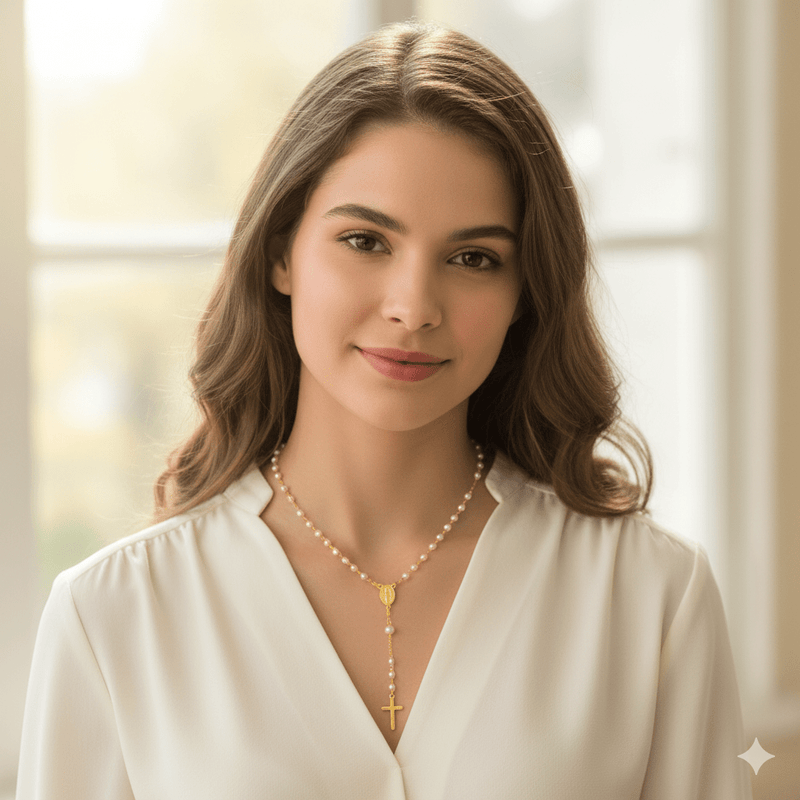 Gold - Plated Tiny Bead Pearl Our Lady of Grace Necklace 18 - inch - Guadalupe Gifts