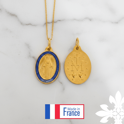 Gold - Plated Two - Tone Blue Enamel Miraculous Medal Necklace 18" | France | Rue du Bac - Guadalupe Gifts