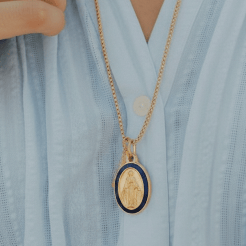 Gold - Plated Two - Tone Blue Enamel Miraculous Medal Necklace 18" | France | Rue du Bac - Guadalupe Gifts