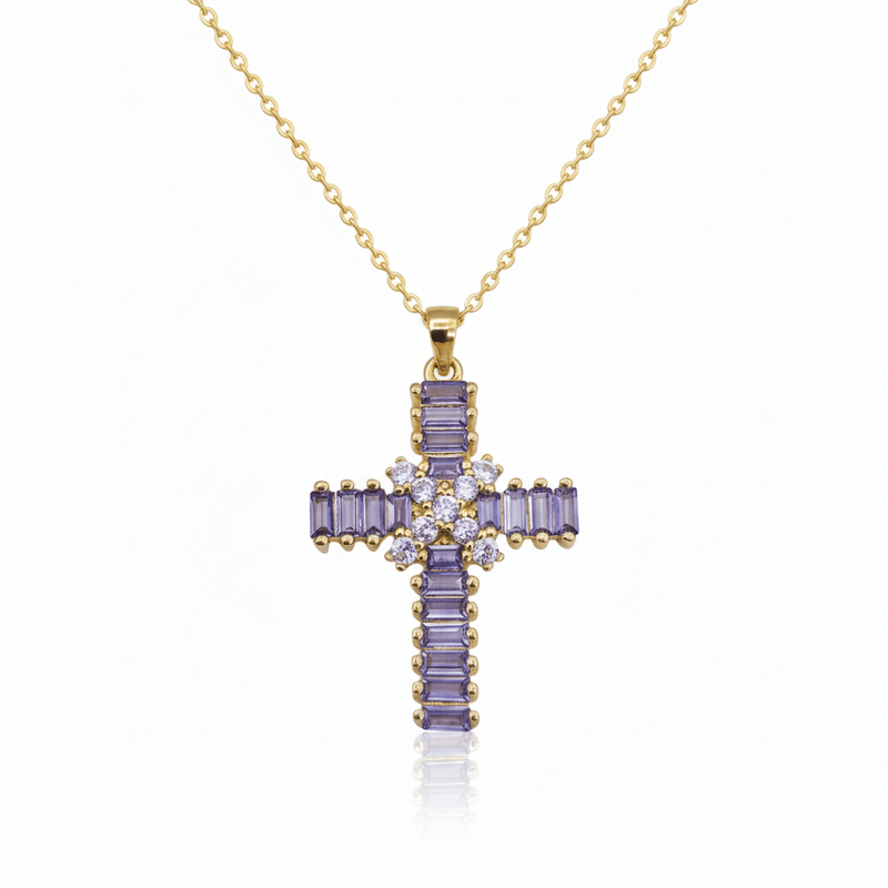Gold - Plated Violet Zirconia Cross Necklace 18 - inch - Guadalupe Gifts