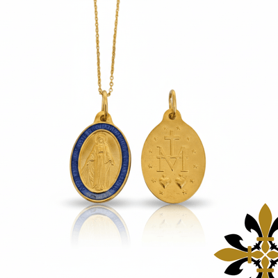 Gold - Plated with Blue Enamel Miraculous Medal Necklace 18" | France | Rue du Bac - Guadalupe Gifts