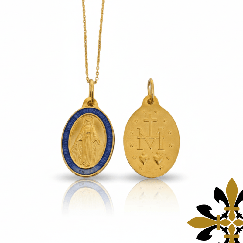 Gold - Plated with Blue Enamel Miraculous Medal Necklace 18" | France | Rue du Bac - Guadalupe Gifts