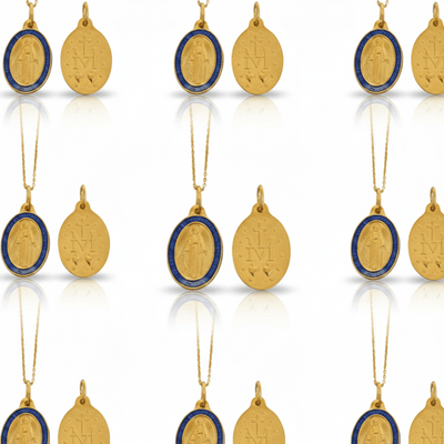 Gold - Plated with Blue Enamel Miraculous Medal Necklace 18" | France | Rue du Bac - Guadalupe Gifts