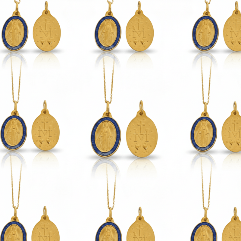 Gold - Plated with Blue Enamel Miraculous Medal Necklace 18" | France | Rue du Bac - Guadalupe Gifts