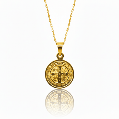 Gold Saint Benedict Medal Mini Round Pendant 18 - inch - Guadalupe Gifts