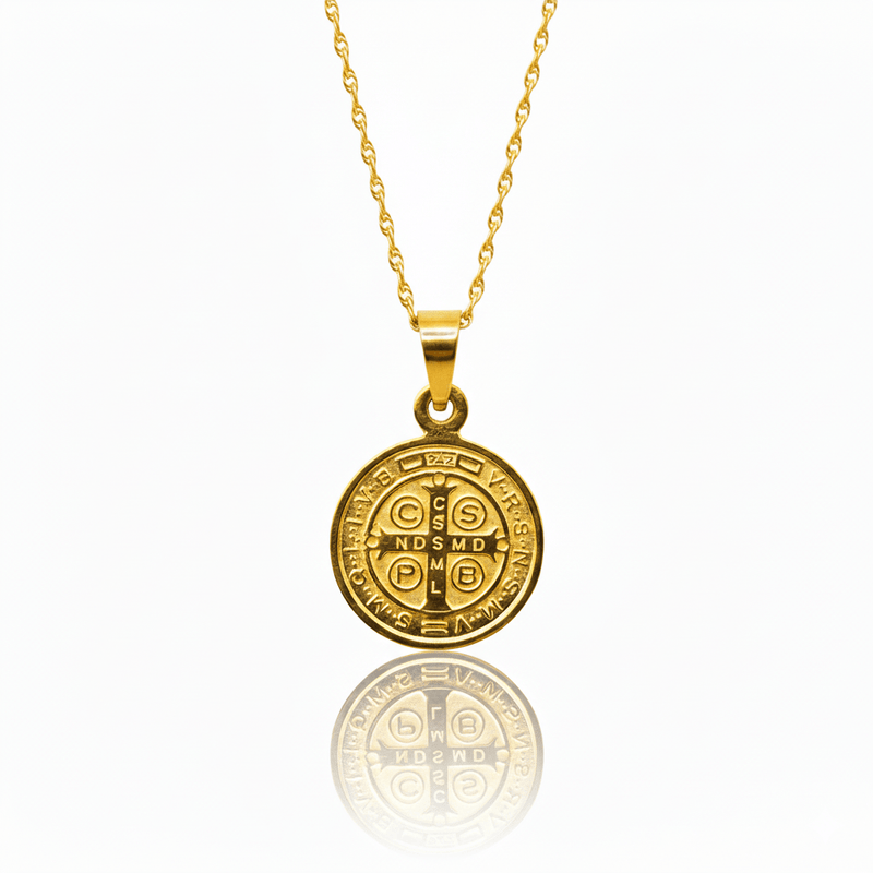 Gold Saint Benedict Medal Mini Round Pendant 18 - inch - Guadalupe Gifts