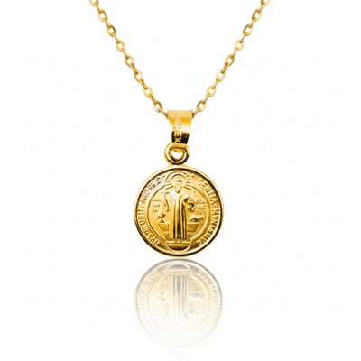 Gold Saint Benedict Medal Mini Round Pendant 18 - inch - Guadalupe Gifts