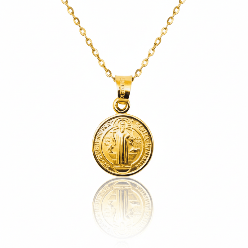 Gold Saint Benedict Medal Mini Round Pendant 18 - inch - Guadalupe Gifts
