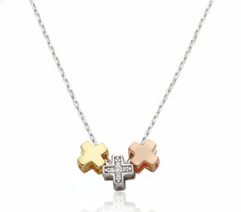 Gold Vermeil 3 - Tone Cross Charm Necklace 18 - inch - Guadalupe Gifts