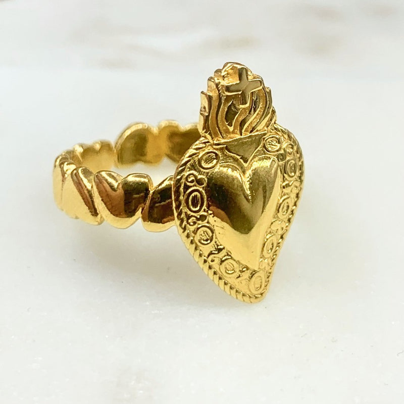 Gold Vermeil Adjustable Sacred Heart Ring - Guadalupe Gifts