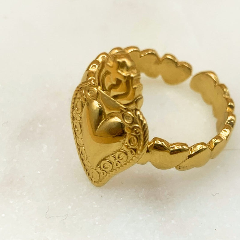 Gold Vermeil Adjustable Sacred Heart Ring - Guadalupe Gifts