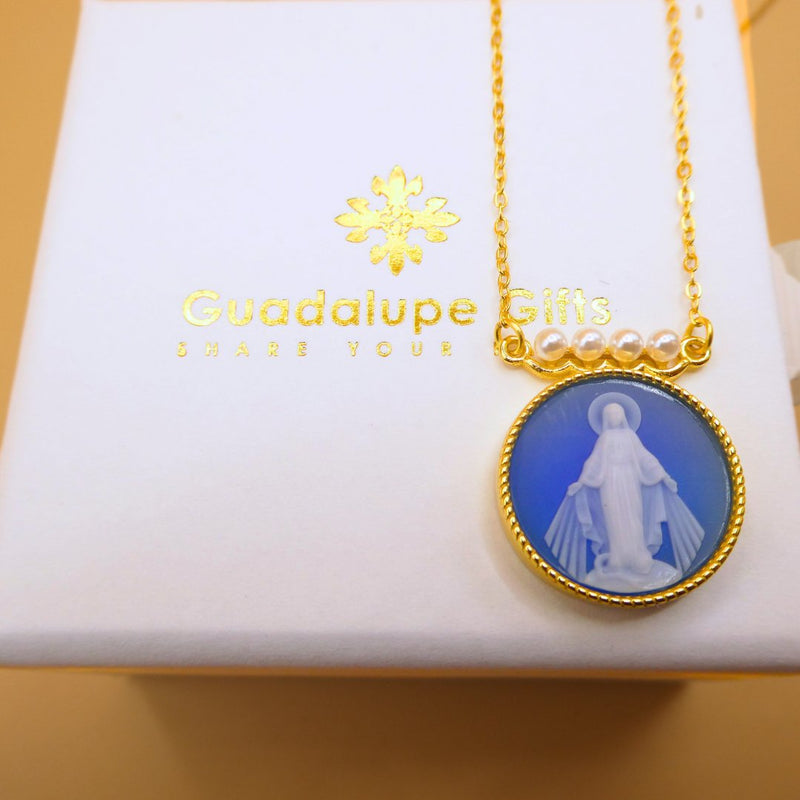 Gold Vermeil Blue Agate Virgin Mary Necklace 18 - inch - Guadalupe Gifts