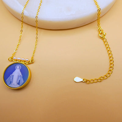 Gold Vermeil Blue Agate Virgin Mary Necklace 18 - inch - Guadalupe Gifts