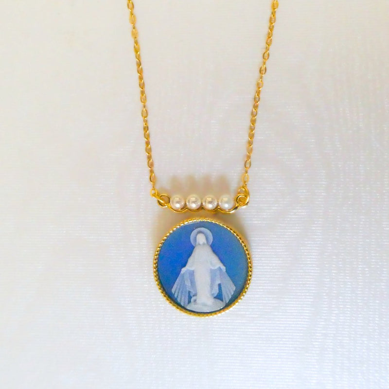 Gold Vermeil Blue Agate Virgin Mary Necklace 18 - inch - Guadalupe Gifts