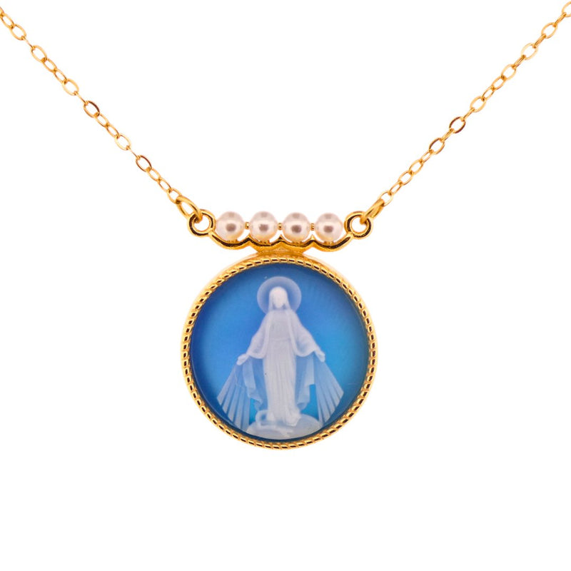 Gold Vermeil Blue Agate Virgin Mary Necklace 18 - inch - Guadalupe Gifts