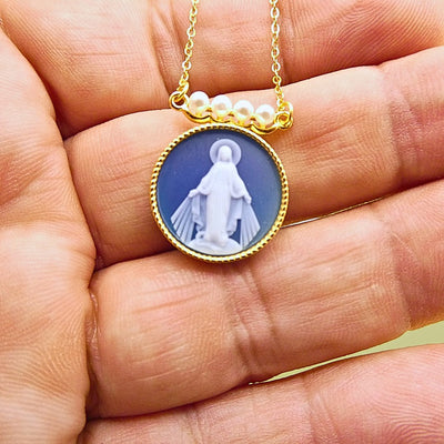 Gold Vermeil Blue Agate Virgin Mary Necklace 18 - inch - Guadalupe Gifts