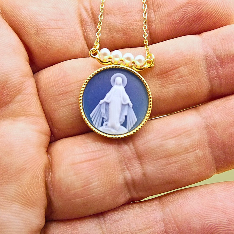 Gold Vermeil Blue Agate Virgin Mary Necklace 18 - inch - Guadalupe Gifts