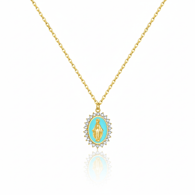 Gold Vermeil Blue Enamel Lourdes Necklace with White Crystals 18" - Guadalupe Gifts