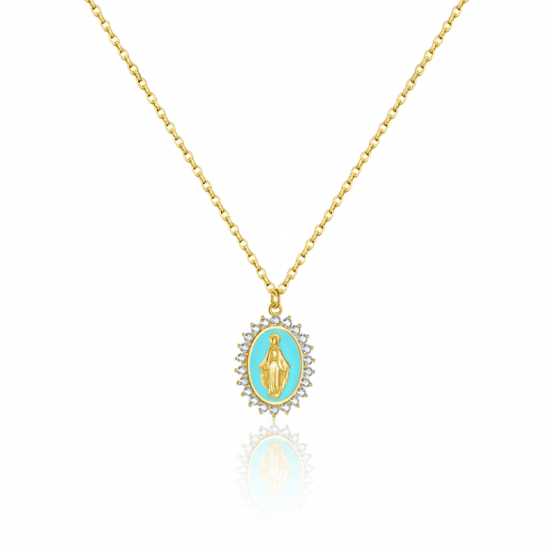 Gold Vermeil Blue Enamel Lourdes Necklace with White Crystals 18" - Guadalupe Gifts
