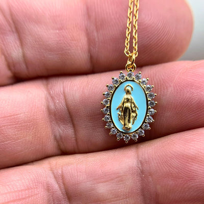 Gold Vermeil Blue Enamel Lourdes Necklace with White Crystals 18" - Guadalupe Gifts