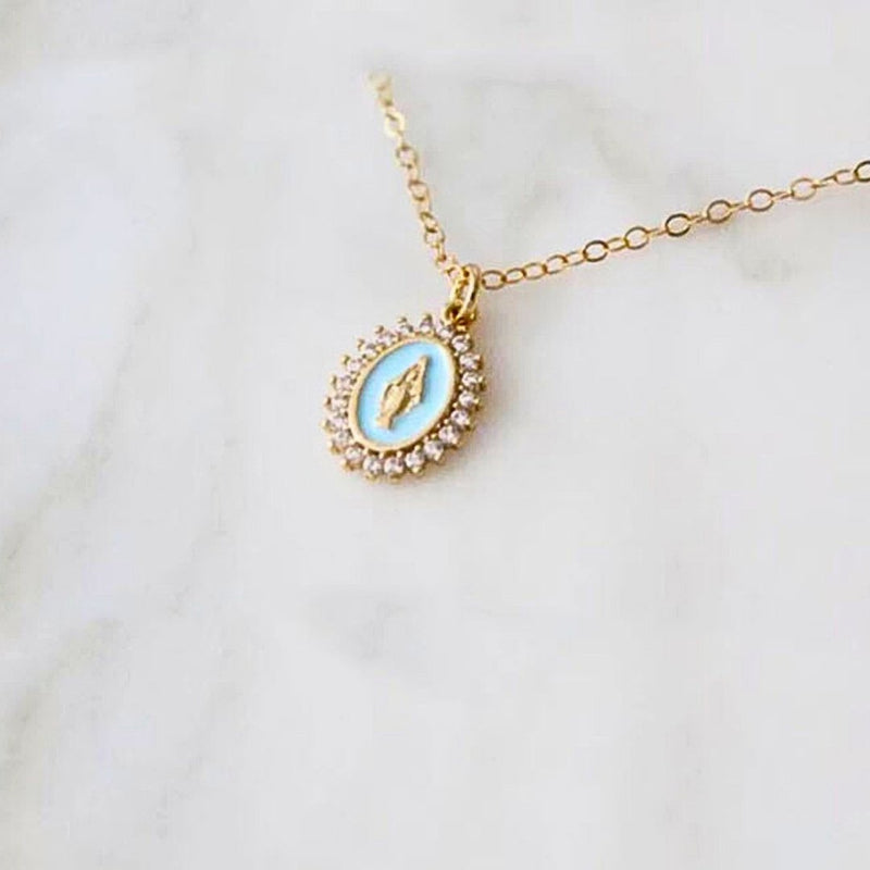 Gold Vermeil Blue Enamel Lourdes Necklace with White Crystals 18" - Guadalupe Gifts