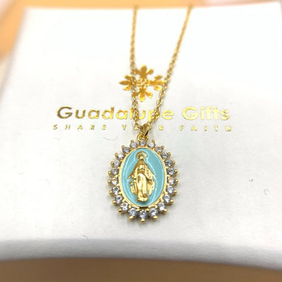 Gold Vermeil Blue Enamel Lourdes Necklace with White Crystals 18" - Guadalupe Gifts