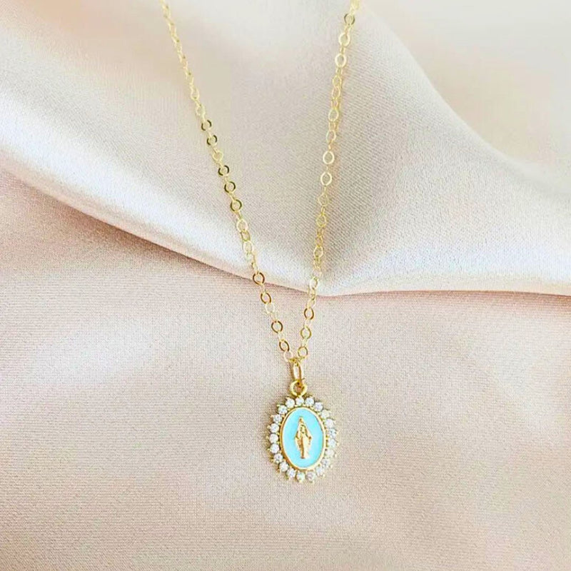 Gold Vermeil Blue Enamel Lourdes Necklace with White Crystals 18" - Guadalupe Gifts