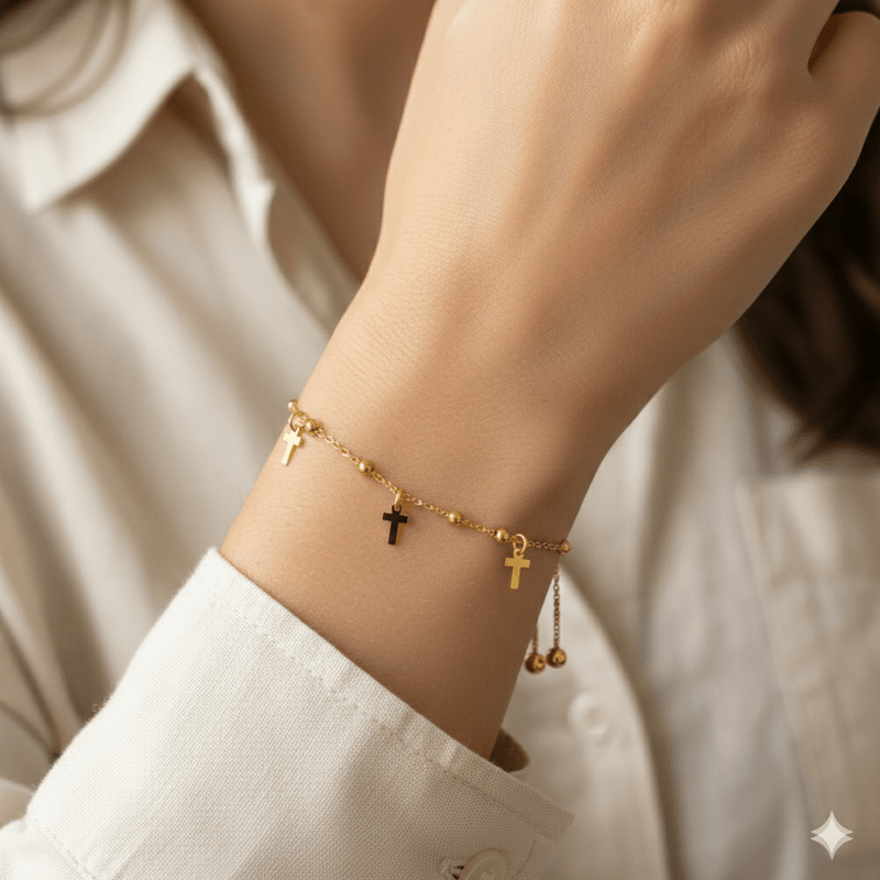 Gold Vermeil Cross Charm Lariat Bracelet 7.5" - Guadalupe Gifts