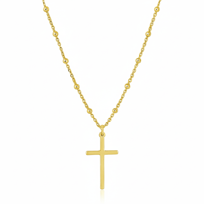 Gold Vermeil Cross Pendant with Beaded Chain 18 - inch - Guadalupe Gifts