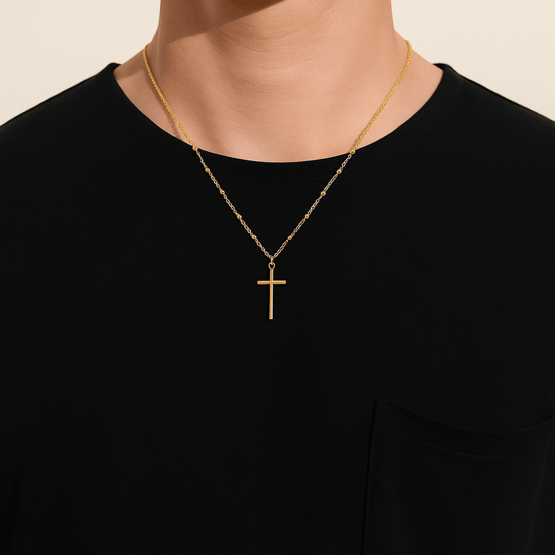 Gold Vermeil Cross Pendant with Beaded Chain 18 - inch - Guadalupe Gifts