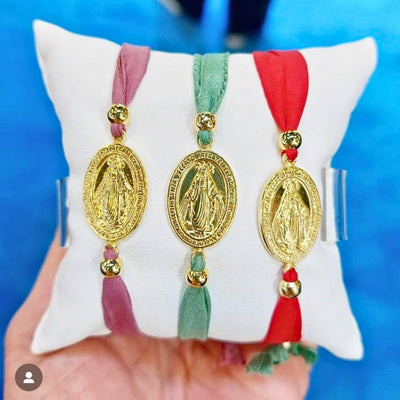 Gold Vermeil Miraculous Medal Adjustable Red Velvet Bracelet 7.5-inch - Guadalupe Gifts