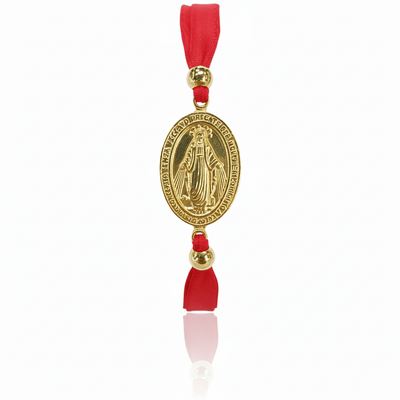 Gold Vermeil Miraculous Medal Adjustable Red Velvet Bracelet 7.5 - inch - Guadalupe Gifts